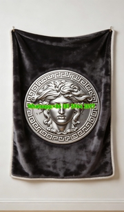 Versace Black Silver 3D Medusa Head Greek Key Print Flannel Sofa Throw Blanket IMG_1439